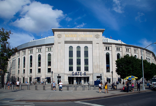 Bronx, New York - AUGUST 21, 2015: Yankee Stadium front entrance in summer.