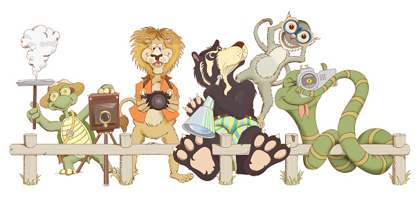 Zoo animals cartoon. Turtle, monkey lion, bear and snake taking photos. Drawing animals. 