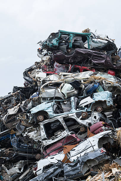 istock Dumping ground. Scrap metal heap. Compressed crushed cars for recycling 602300408