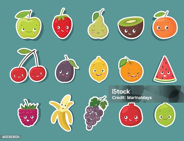 Funny Fruit Character Stickers Set Cartoon Vector Illustration Stock  Illustration - Download Image Now - iStock