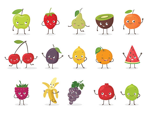 ilustraciones, imágenes clip art, dibujos animados e iconos de stock de divertido juego de personajes de frutas. ilustración vectorial de dibujos animados - fruit apple orange lemon