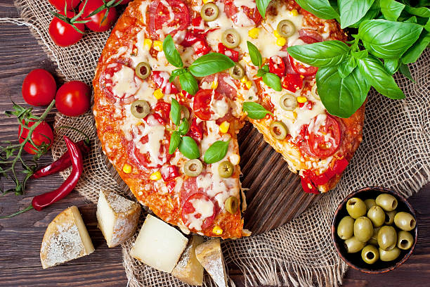 istock Tasty Italian pizza, top view 602307372