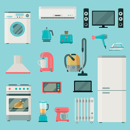 Home appliances icons set. set of elements. Household appliances. Vector flat illustration