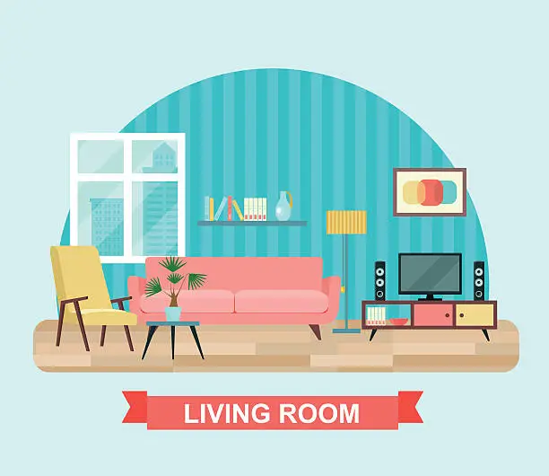 Vector illustration of Living room interior with furniture set. Flat vector illustration