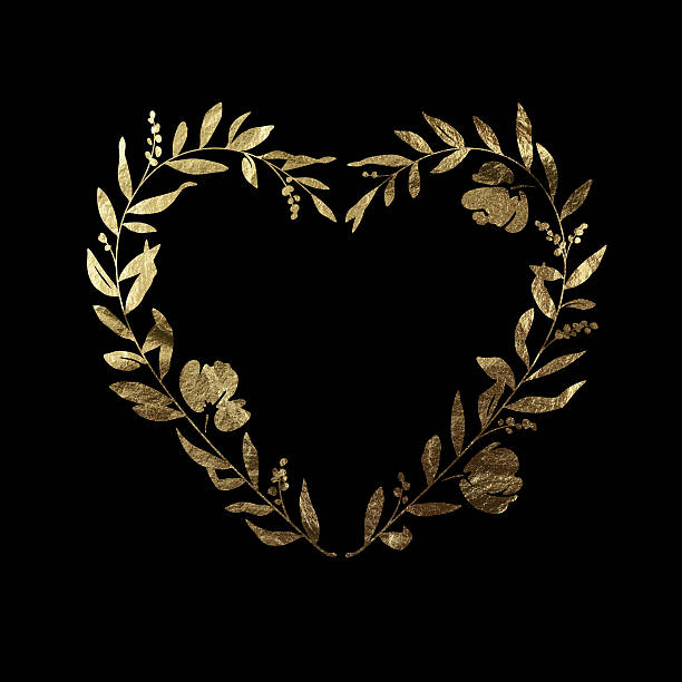 Heart Floral Wreath - Gold Leaf Metallic Foil A beautiful gold leaf / metallic foil heart shaped floral wreath. Also included on a separate layer is a single solid colour version of the illustration, with leaves, branches, berries and flowers all kept as individual design elements. This allows you to easily customise the arrangement or colour to be more personal to you. This floral heart is an ideal feature for your wedding stationery, greetings card or elegant design project and the vector illustration can be scaled and printed at any size without loss of quality. metal laurel wreath stock illustrations