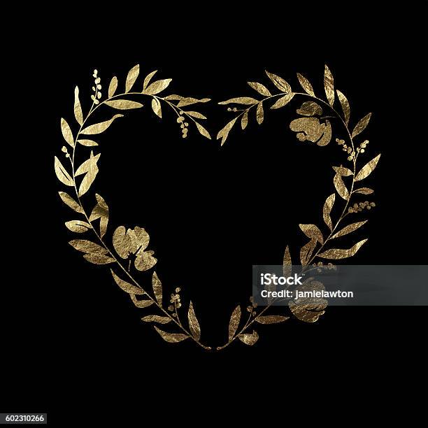 Heart Floral Wreath Gold Leaf Metallic Foil Stock Illustration - Download Image Now - Gold - Metal, Gold Colored, Flower