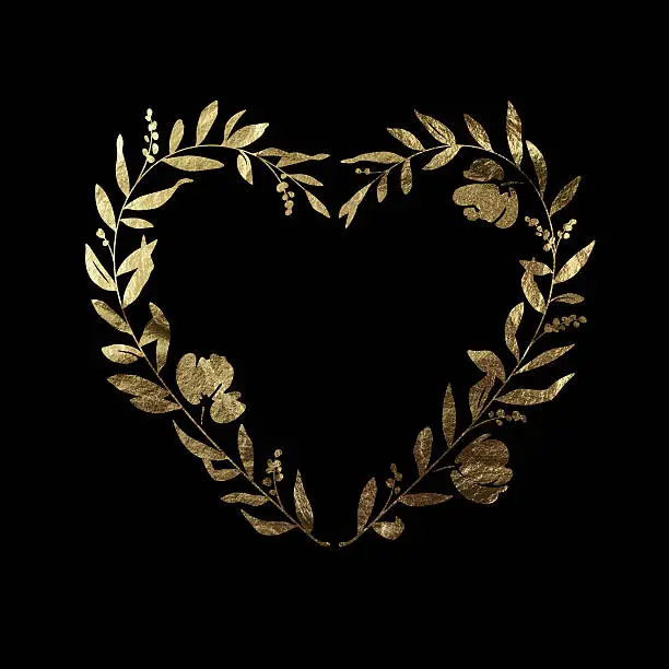 Vector illustration of Heart Floral Wreath - Gold Leaf Metallic Foil