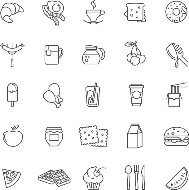 illustrations, cliparts, dessins animés et icônes de icônes de petit-déjeuner, jeu de vecteurs de stock - biscuit sausage sandwich breakfast