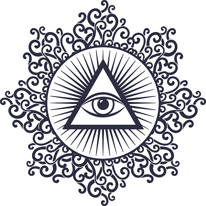 Vector illustration of occult sign third eye with ornamental mandala. Mystic symbol for bohemian design. Sacred tattoo eye in triangle