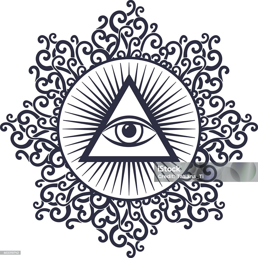 eye in triangle Vector illustration of occult sign third eye with ornamental mandala. Mystic symbol for bohemian design. Sacred tattoo eye in triangle Chakra stock vector