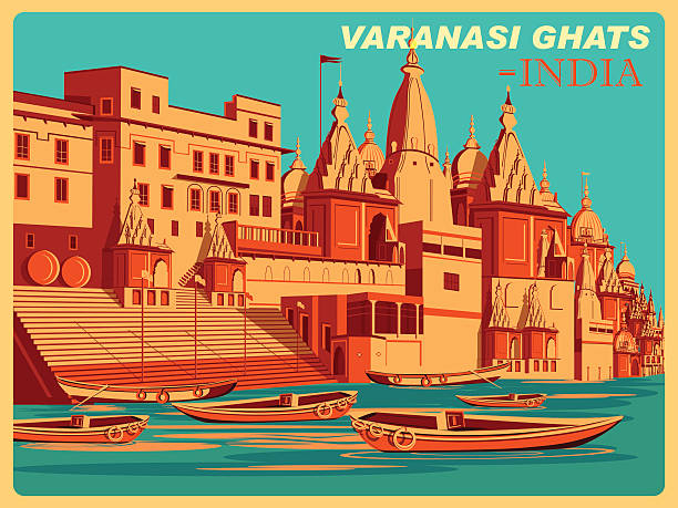 바라나시 가츠 우타르 프라데시 의 빈티지 포스터 - varanasi indian culture nautical vessel ganges river stock illustrations