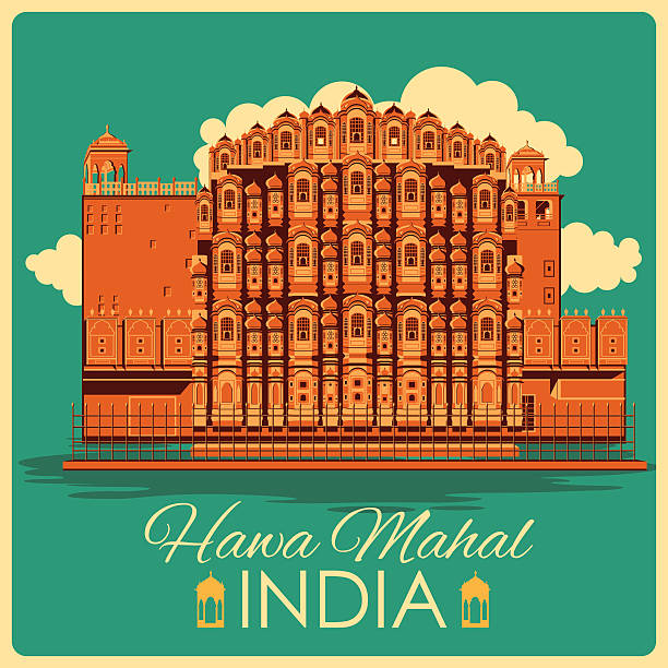 vintage poster von hawa mahal in rajasthan berühmten denkmal indien - mogal stock-grafiken, -clipart, -cartoons und -symbole