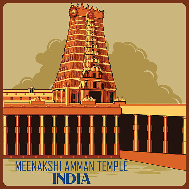 винтажный плакат храма минакши амман в тамилнаде известный - tamil nadu tamil temple amman stock illustrations