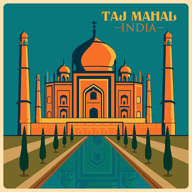 Vintage poster of Taj Mahal in Uttar Pradesh famous monument Vintage poster of Taj Mahal in Uttar Pradesh, famous monument of India . Vector illustration mahal stock illustrations