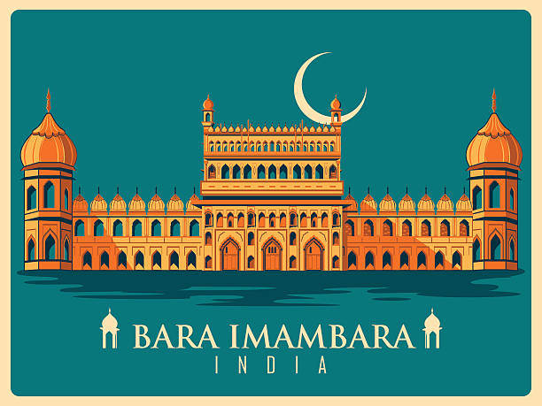 ilustraciones, imágenes clip art, dibujos animados e iconos de stock de cartel vintage de bara imambara en uttar pradesh monumento famoso - lucknow