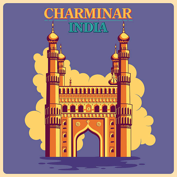 illustrazioni stock, clip art, cartoni animati e icone di tendenza di poster vintage di charminar a hyderabad famoso monumento india - hyderabad