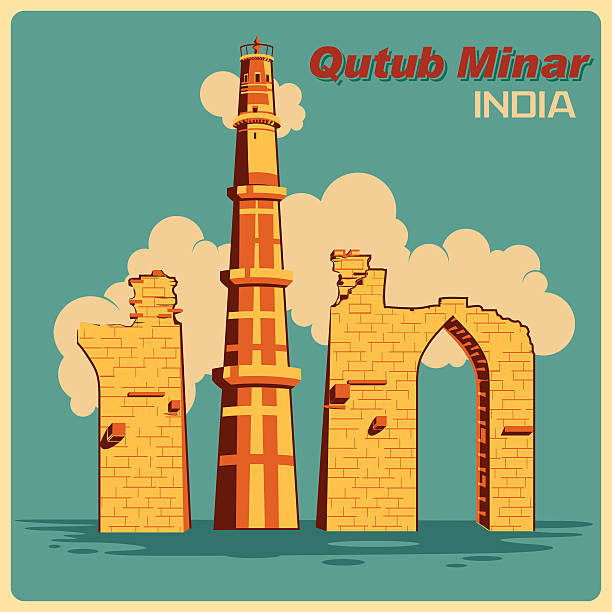 델리 유명한 기념물 인도의 qutub minar의 빈티지 포스터 - quitab minar qutab delhi new delhi stock illustrations