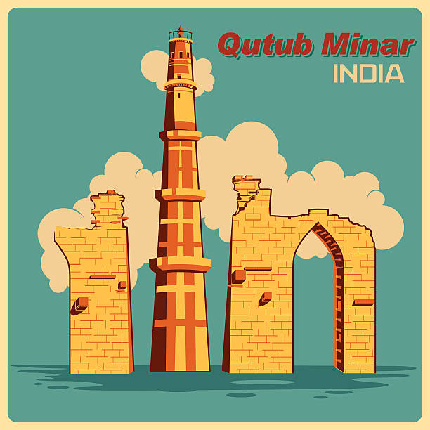 ilustrações de stock, clip art, desenhos animados e ícones de vintage poster of qutub minar in delhi famous monument  india - qutub