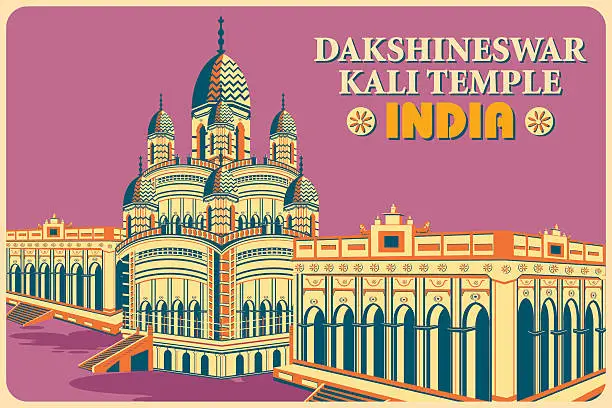 Vector illustration of Vintage poster of Dakshineswar Kali Temple in Kolkata famous monument