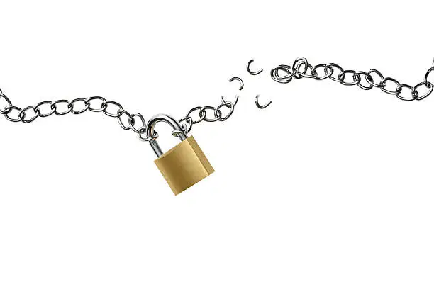 Photo of Isolated shot of broken chain with padlock on white background