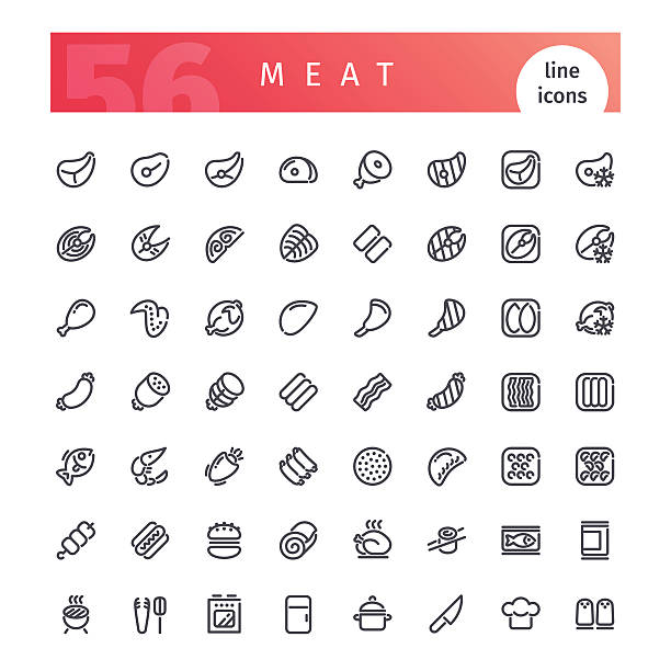 набор значков линии мяса - pig pork ham meat stock illustrations