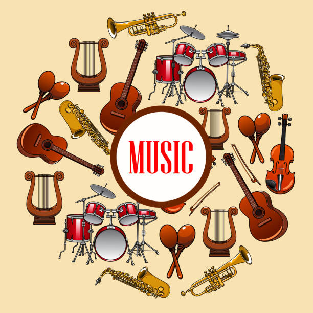 illustrazioni stock, clip art, cartoni animati e icone di tendenza di poster musicale. strumenti musicali a fiato e archi - brass instrument retro revival old fashioned part of