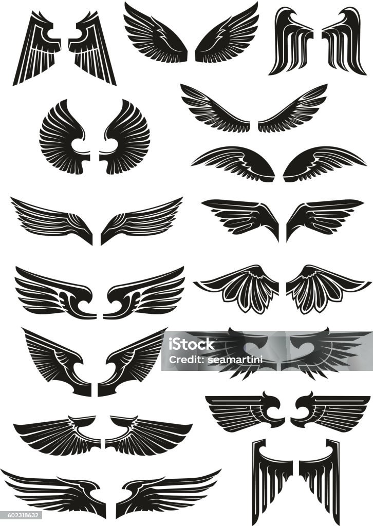 Heraldic black wings vector icons set Black wings icons set. Heraldic vintage bird, eagle, angel wings outline silhouettes for tattoo, heraldry or tribal label. Vector gothic armor element Animal Wing stock vector