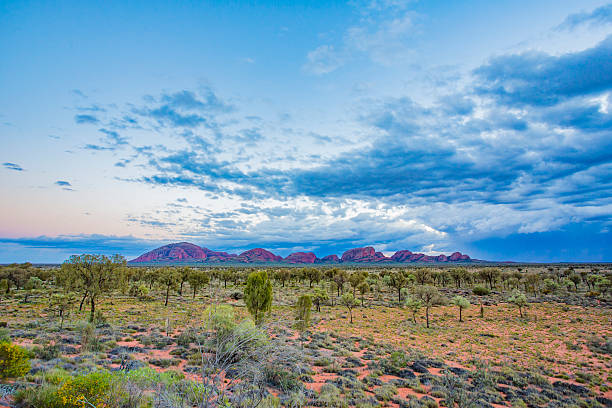 ката tjuta австралии восход с дождевой грозы облака - uluru australia northern territory sunrise стоковые фото и изображения