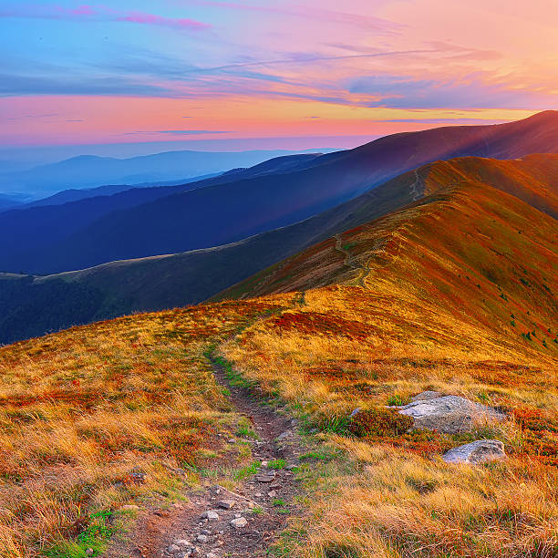 istock winding road through meadows of  mountain range at sunset 602321064