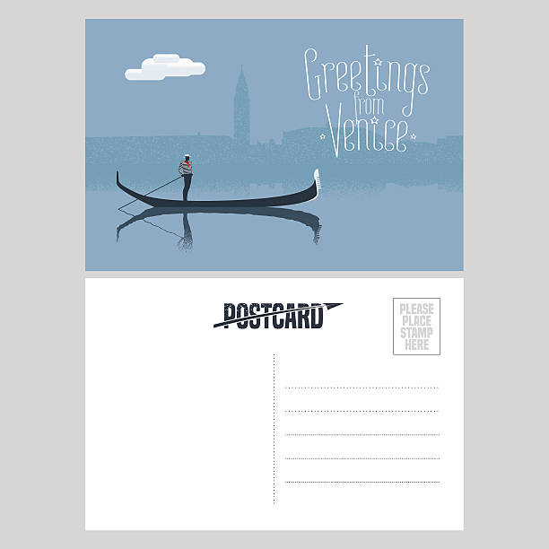 italien, venedig vektor postkartendesign mit gondel - gondolier stock-grafiken, -clipart, -cartoons und -symbole