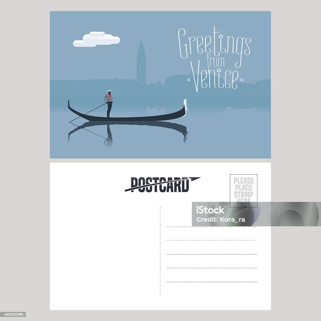 Italy, Venice vector postcard design with gondola Italy, Venice vector postcard design with gondola and gondolier at Venice canal. Illustration, nonstandard mailing postcard with copyspace, post office stamp and Greetings from Venice sign Gondola - Traditional Boat stock vector