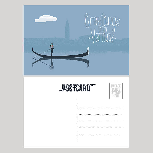 Italy, Venice vector postcard design with gondola Italy, Venice vector postcard design with gondola and gondolier at Venice canal. Illustration, nonstandard mailing postcard with copyspace, post office stamp and Greetings from Venice sign gondolier stock illustrations