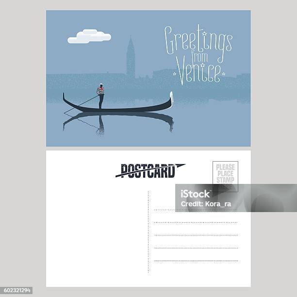 Italy Venice Vector Postcard Design With Gondola Stock Illustration - Download Image Now - Gondola - Traditional Boat, Venice - Italy, Illustration