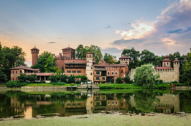Turin (Torino) river Po and Borgo Medievale at sunset