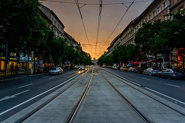 istock Tram rails at sunset in central Budapest street 602322372