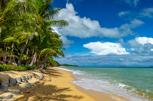 Sunny day with blue cloudy sky at tropical beach, Koh Samui, Thailand