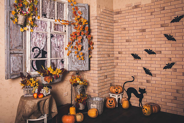 Halloween decorated yard of old house.