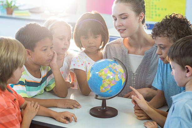 istock Teacher showing globe to schoolchildren 602326306