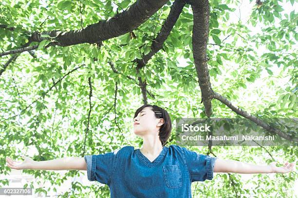 Japanese Woman Portrait In The Shade Of A Tree Stock Photo - Download Image Now - Holding Breath, Natural Condition, Nature