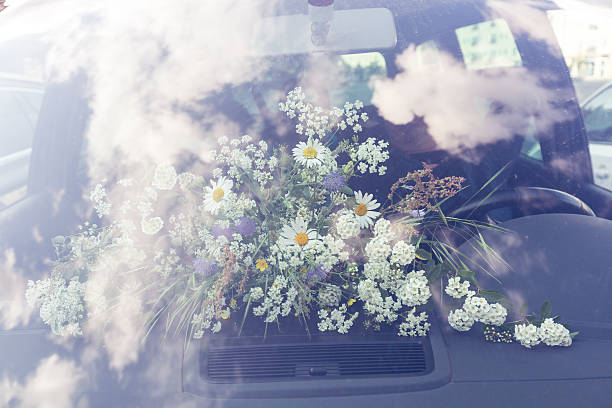 bouquet of field flower behind a windshield in a car