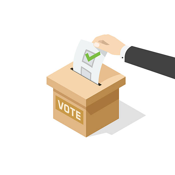 Voting vector illustratio, man hand political ballot in vote box Voting vector illustration isolated on white background, man hand holding political ballot putting in vote box, concept of election choice or vote, poll designate stock illustrations