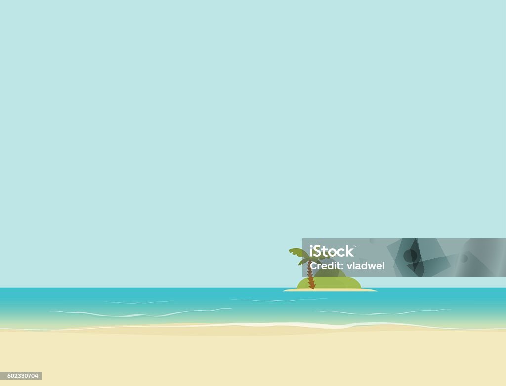 Island in sea or ocean from beach landscape vector illustration Island in the sea or ocean from beach landscape vector illustration, flat cartoon island with palm tree Island stock vector