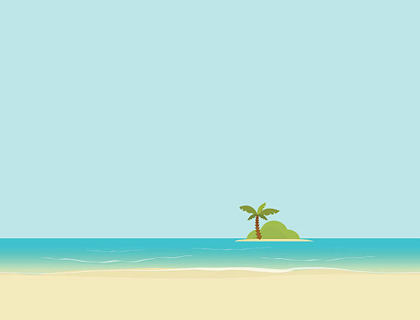 Island in sea or ocean from beach landscape vector illustration Island in the sea or ocean from beach landscape vector illustration, flat cartoon island with palm tree sand clipart stock illustrations