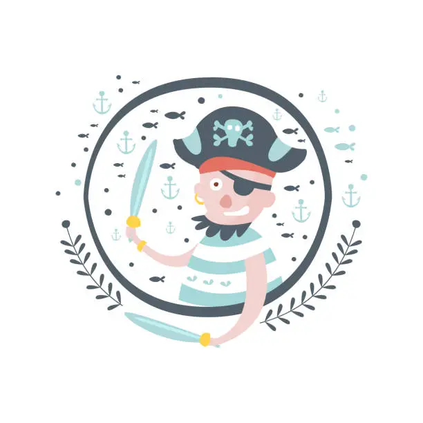 Vector illustration of Pirate Fairy Tale Character Girly Sticker In Round Frame