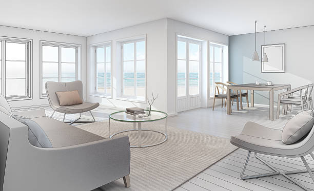 istock Sketch design of sea view interior in modern beach house 602332848