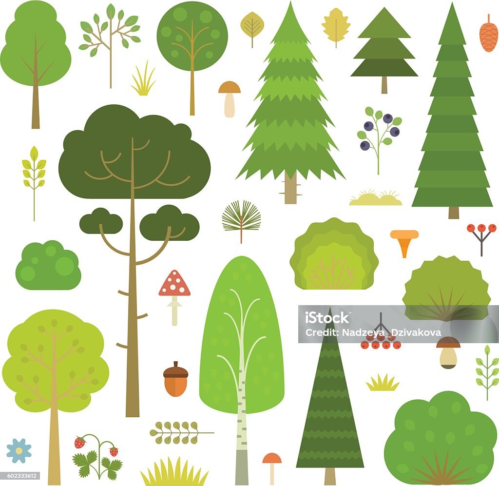 Forest plants Set of flat vector forest elements: trees, spruce, pine, grass, mushrooms, moss, berries and bushes isolated on transparent background. Acorn stock vector