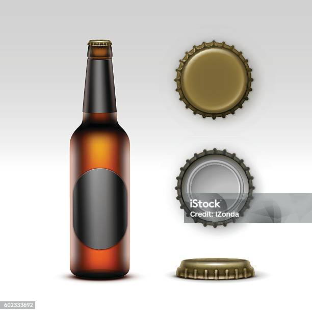 Brown Bottle Beer With Black Label And Set Of Caps Stock Illustration - Download Image Now - Beer - Alcohol, Beer Bottle, Vector