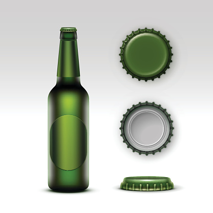 Vector Closed Blank Glass Transparent Creen Bottle of  Light Beer with Green label and  Set of Caps Side Top Back View for Branding Close up Isolated on White Background.