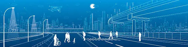 Vector illustration of City scene, people walk on the street, skyline, urban panorama
