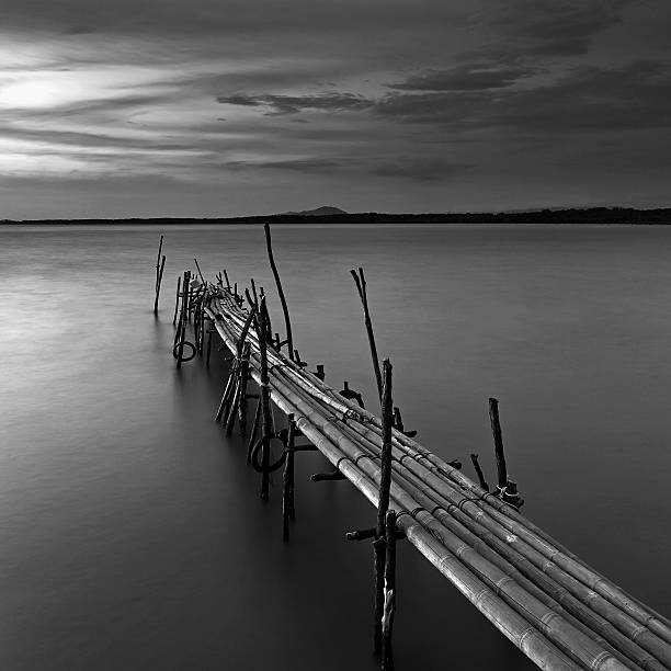 istock Monochrome of bamboo pier bridge at beautiful sunset 602333998